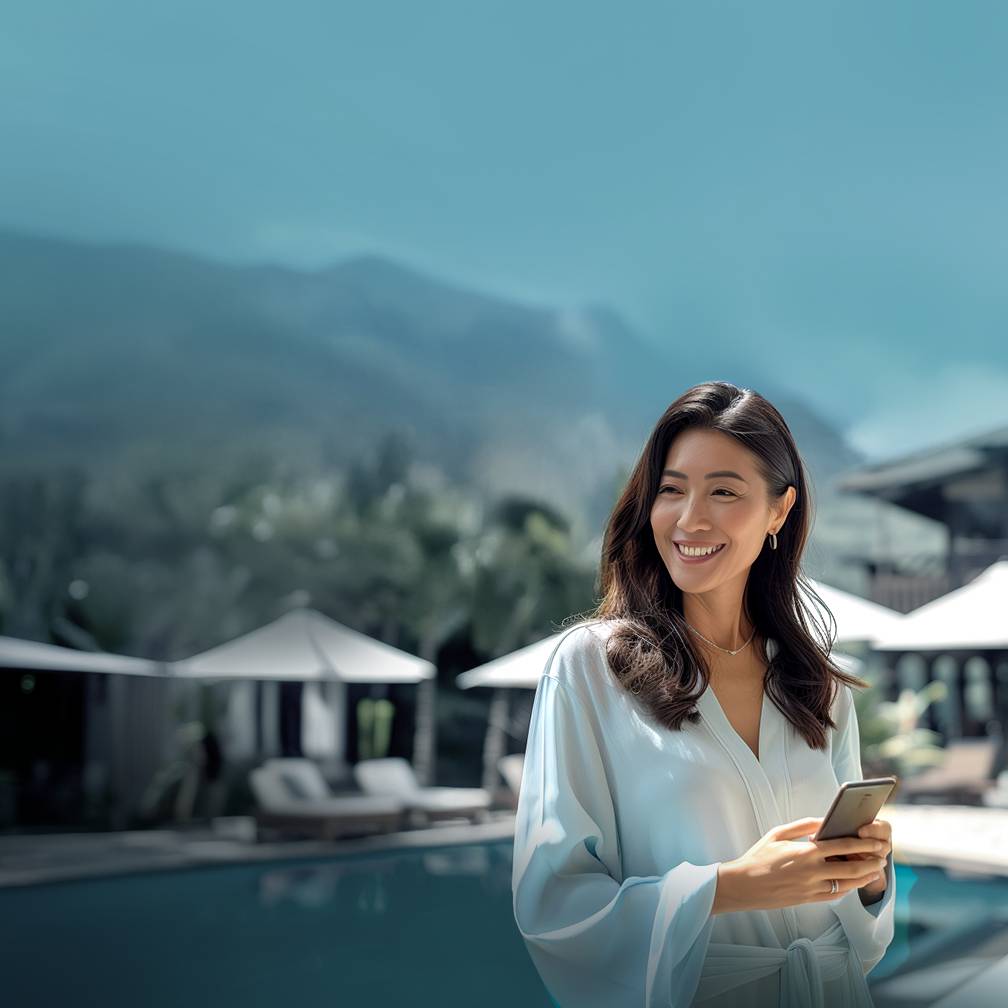 A woman in a white robe stands poolside, smiling while holding her smartphone. The serene backdrop of mountains and a luxurious resort suggests relaxation and worry-free connectivity.